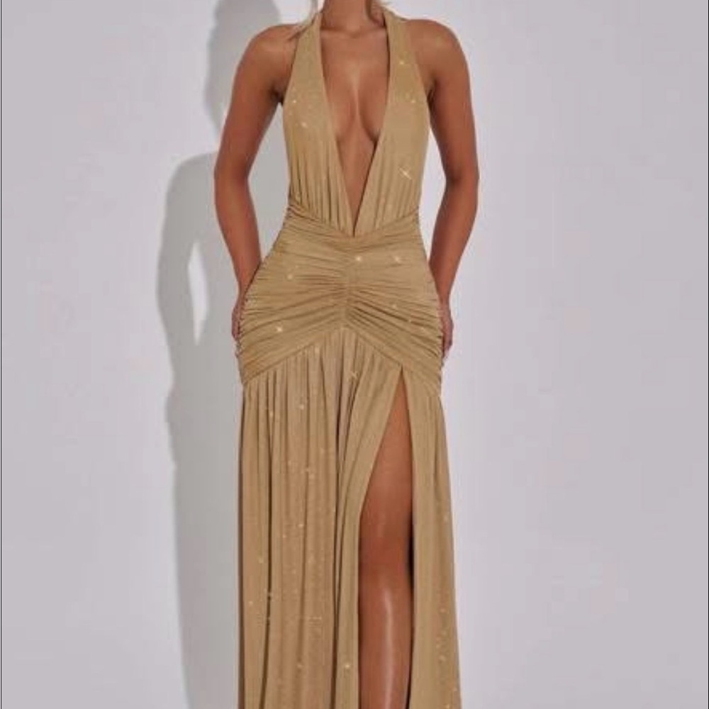 Elegant Backless Tan Evening Dress